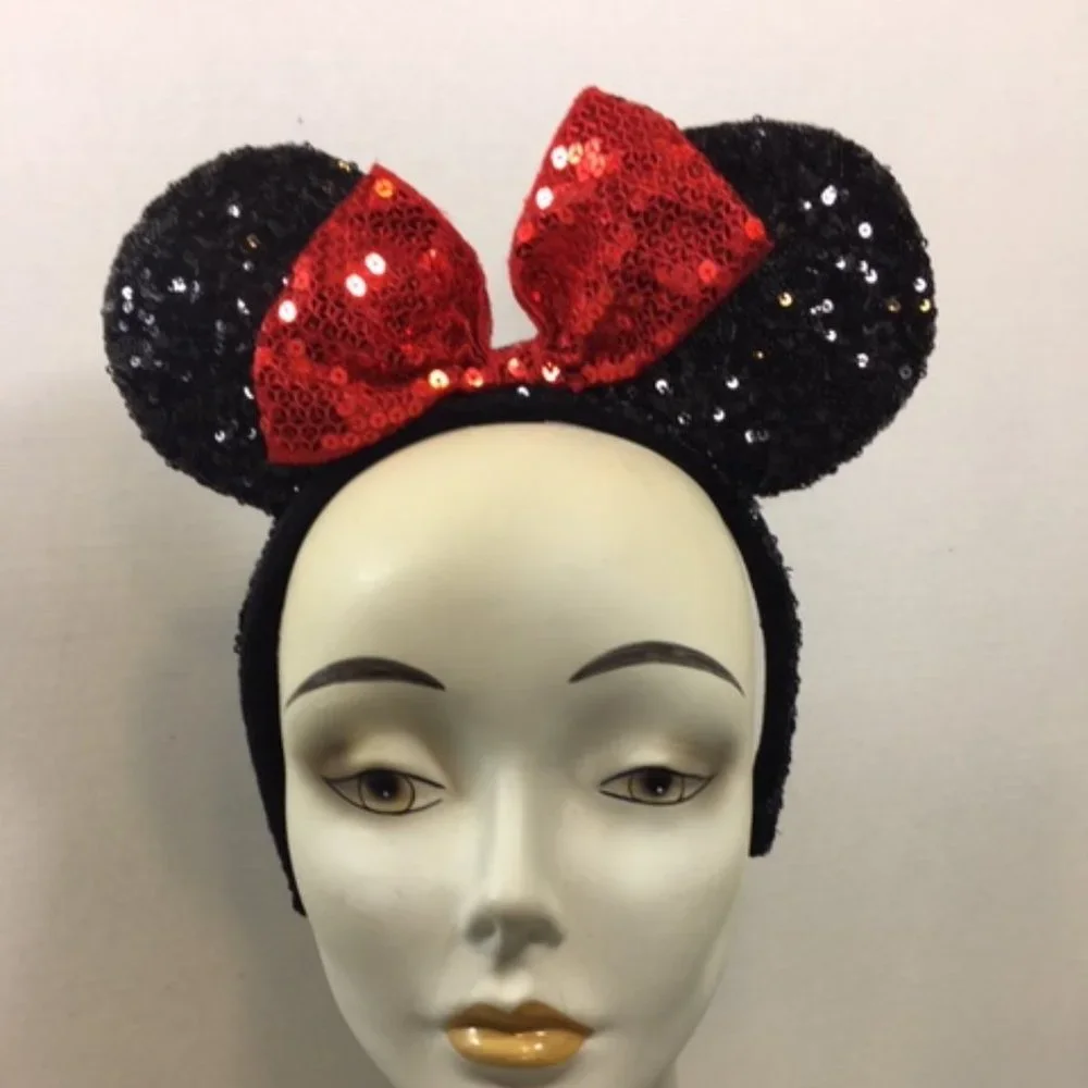 Minnie Mouse Ears Black w/Red Bow Sequins Headband